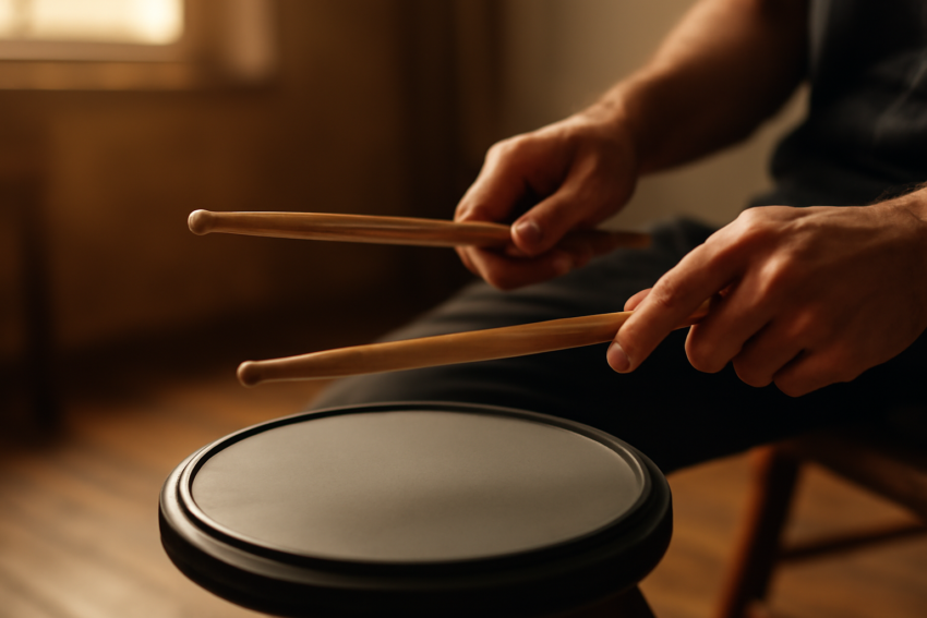 Tangan drummer memegang stick di atas pad latihan untuk melatih dinamika drum
