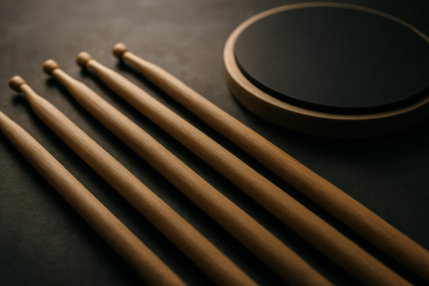 Beberapa pasang stick drum kayu berbagai ukuran ditata di atas permukaan gelap di samping pad latihan