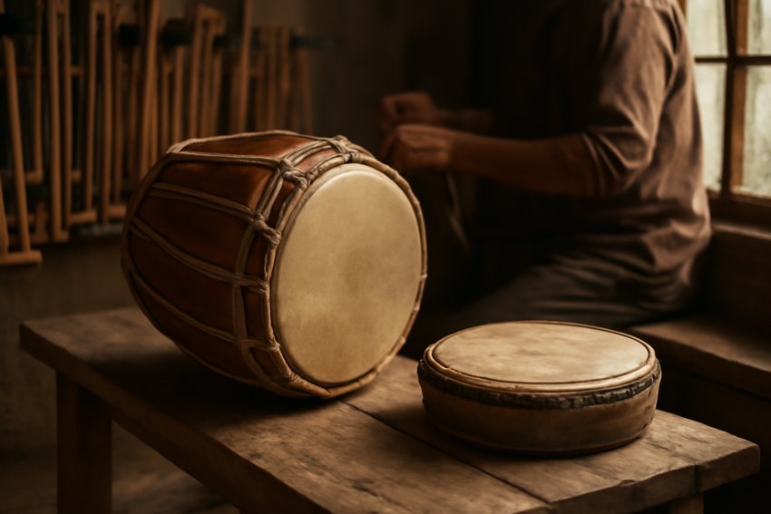 Kendang, rebana, dan angklung di bangku kayu dalam bengkel pembuatan alat musik tradisional