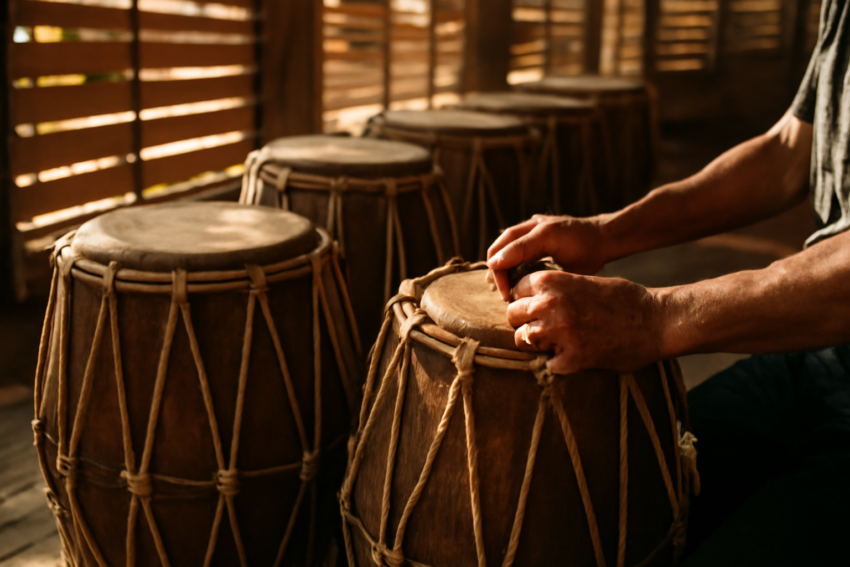 Deretan kendang di ruang latihan dengan tangan pemusik menyetel tali pengencang