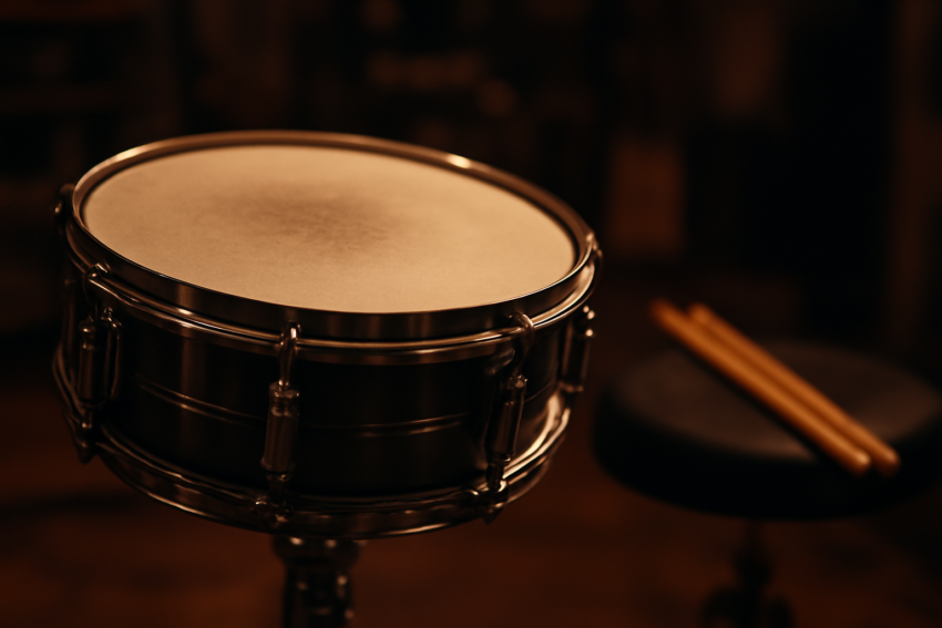 Snare drum berdiri di atas stand dengan stik drum di sampingnya di ruang latihan musik