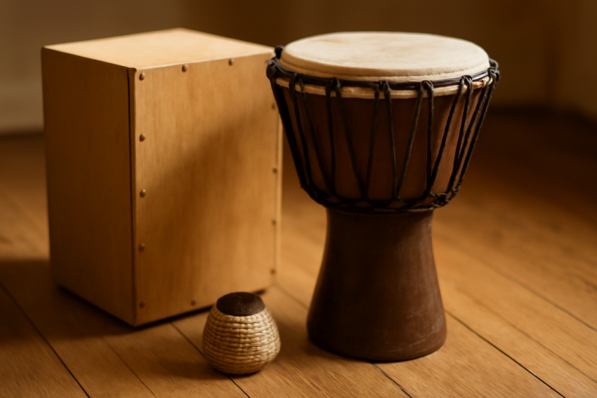 Cajon, djembe, dan shaker ditata di atas lantai kayu sebagai perbandingan alat perkusi untuk drummer pemula