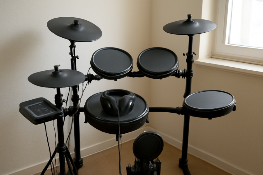Set drum elektrik dengan pad jaring dan headphone tertutup di sudut ruang latihan rumah