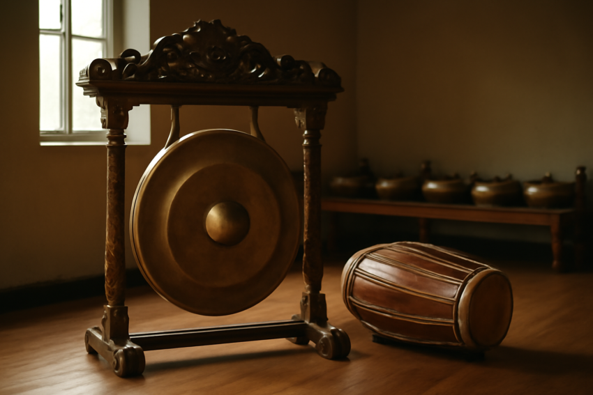 Gong besar dan kendang dalam ruang latihan gamelan dengan pencahayaan alami