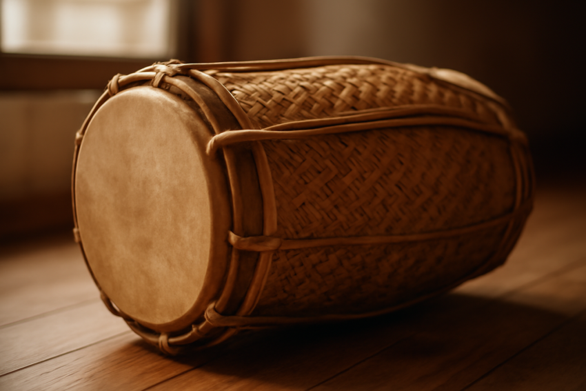 Kendang Sunda berbahan kayu dan rotan, alat musik tradisi untuk pola pukulan drum