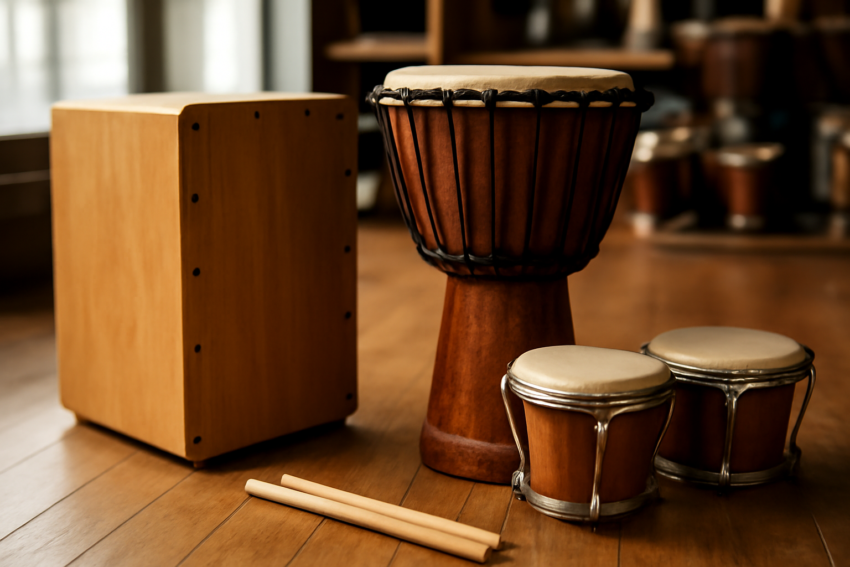 Berbagai alat perkusi untuk pemula seperti cajon, djembe, dan bongo ditata di lantai kayu